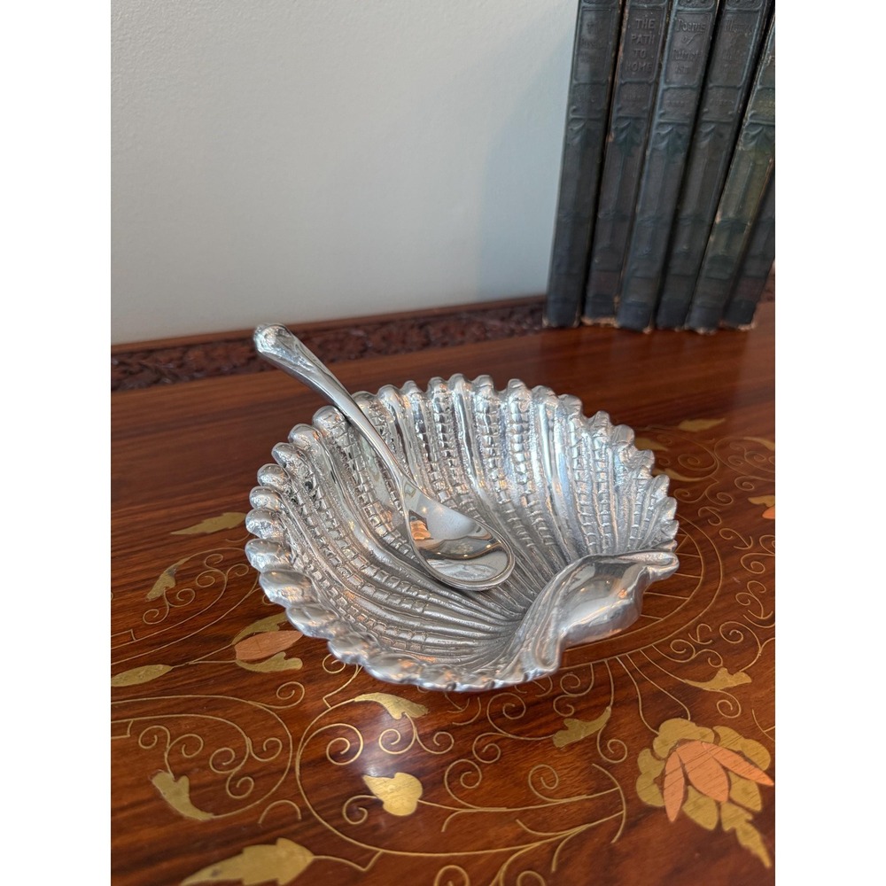 Vintage Shell Dish with‎ Spoon, Hand Cast Metal Scallop Bowl